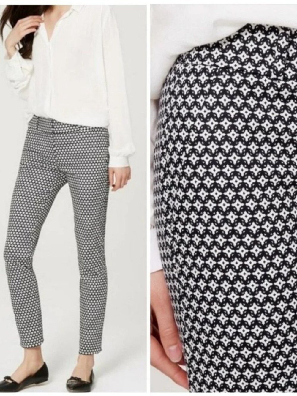 Ann Taylor Loft Marisa Black and White Geometric Print Skinny Ankle Pants 4 Tall